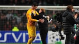 Fraser Forster receives congratulations from Neil Lennon after the final whistle