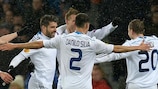 Dynamo celebrate Oleh Gusev's goal on Merseyside