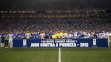 The players pose for the cameras before the game in southern Brazil