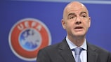 Gianni Infantino speaking at the UEFA Champions League third qualifying round draw