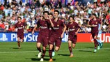 Barcelone célèbre un but marqué lors de la demi-finale de l'UEFA Youth League contre Manchester City