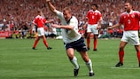 Alan Shearer celebrates after scoring for England against Switzerland in the opening game of EURO '96