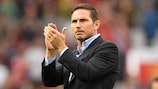 MANCHESTER, ENGLAND - AUGUST 11: Frank Lampard, Manager of Chelsea applauds the fans following his teams defeat in the Premier League match between Manchester United and Chelsea FC at Old Trafford on August 11, 2019 in Manchester, United Kingdom. (Photo by Michael Regan/Getty Images)