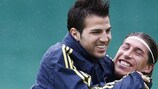 Cesc Fàbregas (right) is not afraid to celebrate goals in training