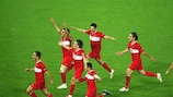 Turkey's players celebrate after winning the penalty shoot-out against Croatia
