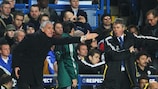 Claudio Ranieri and Guus Hiddink gesture on the sidelines at Stamford Bridge