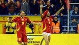 Mirko Vučinić (right) celebrates with Miodrag Džudović after netting Montenegro's winner against Switzerland
