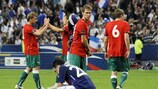 Dejection for France's Mathieu Valbuena as Belarus celebrate in Paris