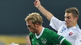 Ireland's Paul Green takes on Erik Jendrišek of Slovakia