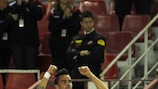 Sevilla's Luca Cigarini celebrates a goal against Karpaty