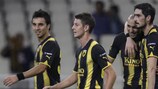 Nikos Liberopoulos (right) celebrates one of his UEFA Europa League goals for AEK