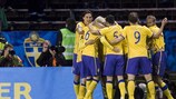 Pontus Wernbloom is mobbed after scoring for Sweden