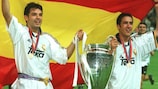 Fernando Morientes (left) celebrates a UEFA Champions League success with Raúl González