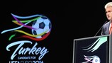 Turkish Football Association president Mahmut Özgener speaks as part of his country's UEFA EURO 2016 bid presentation in Geneva