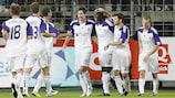 Romelu Lukaku (centre) is congratulated after one of his goals against TNS