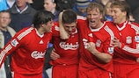 Dirk Kuyt celebrates scoring his 50th goal for Liverpool