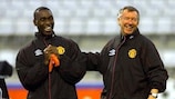 Andrew Cole and Sir Alex Ferguson in training before United's last game at Marseille in October 1999
