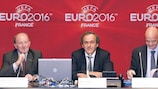 Jacques Lambert, president of EURO 2016 SAS, UEFA President Michel Platini and UEFA General Secretary Gianni Infantino give the first press conference of the UEFA EURO 2016 steering group