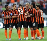 Shakhtar players celebrate a goal in May 2011