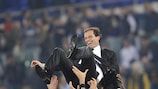 Massimiliano Allegri is thrown in the air by his title-winning Milan players in Rome