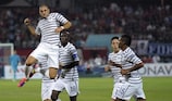 Karim Benzema celebrates giving France the lead against Albania