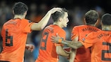The Netherlands celebrate Kevin Strootman's goal in Finland