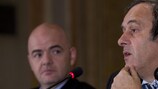 Gianni Infantino y Michel Platini en la rueda de prensa con los medios en Venecia este jueves