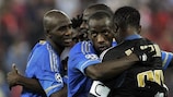 Marseille celebrate their matchday one winner at Olympiacos