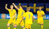 Sweden's Kim Källström (No9) celebrates after opening the scoring against San Marino