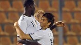 Peniel Mlapa celebrates his hat-trick for Germany against San Marino