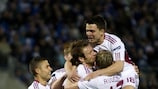 Latvia celebrate a Group F goal