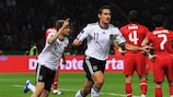 Miroslav Klose celebrates after scoring Germany's first goal against Turkey in Berlin