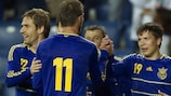 Yevhen Konoplyanka (right) is congratulated by his Ukraine team-mates after scoring against Israel