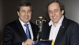 Fernando Gomes and Michel Platini at UEFA headquarters in Nyon