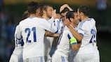Greece celebrate the only goal during their friendly against Armenia