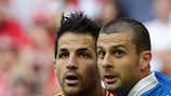 Italy's Thiago Motta and Spain midfielder Cesc Fàbregas during the sides' Group C draw