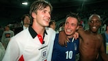 David Beckham, Graeme Le Saux and Ian Wright celebrate England's qualification for the 1998 FIFA World Cup