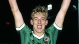 Alan McDonald celebrates qualifying for the 1986 FIFA World Cup finals with Northern Ireland
