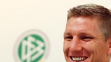 Bastian Schweinsteiger talks to the media on Thursday