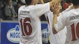 Chrudim's Douglas and Dentinho celebrate a goal against Slov-Matic with Roman Mareš