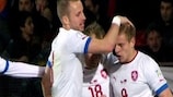 Matěj Vydra takes the plaudits of his Czech Republic team-mates after scoring his second in Armenia