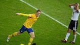 Rasmus Elm of Sweden celebrates after scoring against Germany during their thrilling FIFA World Cup qualifier