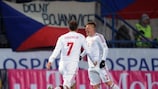 Nikolaj Stokholm and Niki Zimling celebrate a goal in Olomouc