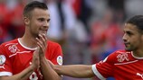 Goalscorer Haris Seferovic and Ricardo Rodriguez (right) celebrate Switzerland's success
