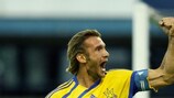 Andriy Shevchenko celebrates a goal for Ukraine