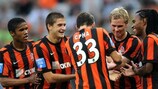 Shakhtar players celebrate a goal in May 2011
