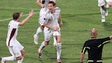 Kaspars Gorkšs celebrates after scoring against Malta in UEFA EURO 2012 qualifying