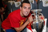Santi Cazorla poses with the Henri Delaunay Cup after Spain's UEFA EURO 2012 triumph