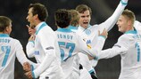 Nicolas Lombaerts (centre) celebrates his goal in the first leg last week