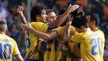 La joie des joueurs de l'APOEL Nicosie après l'une de leur quatre buts contre Skënderbeu